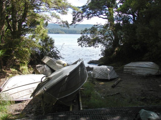Aluminium row-boats at lake edge, Gillian Ward