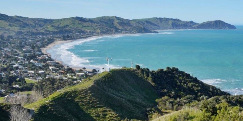 Wainui Beach, Makorori and Tatapouri headlands, photo by Kay Bayley